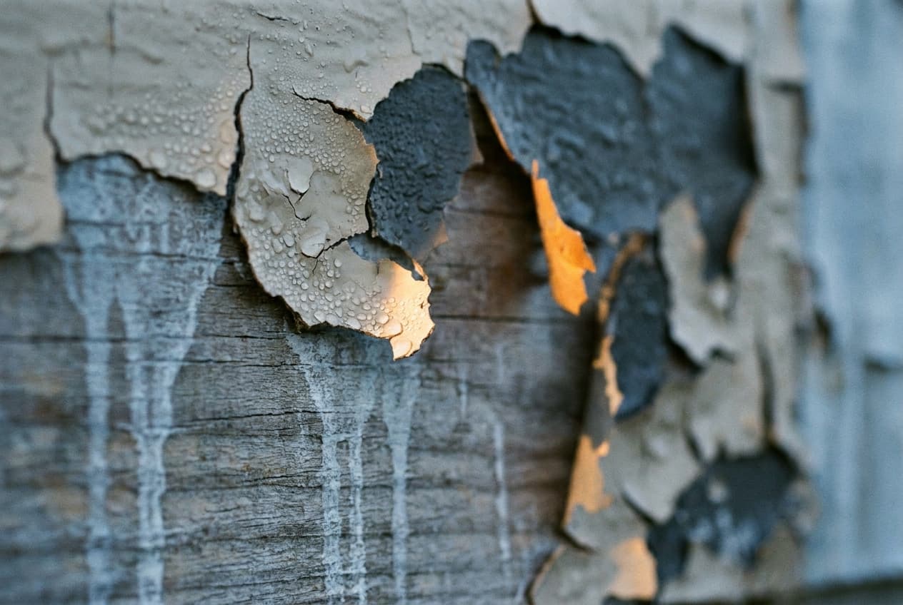 Exterior paint blistering and peeling on wood siding, with dew beaded on the cracked film — the failure overnight condensation causes.